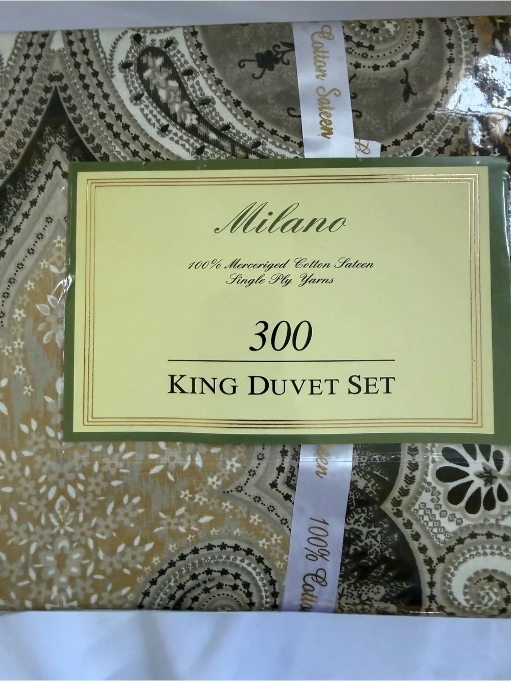 Milano King Duvet Set 3 PC 300 TC 100% Cotton Sateen Paisley Gray Gold New